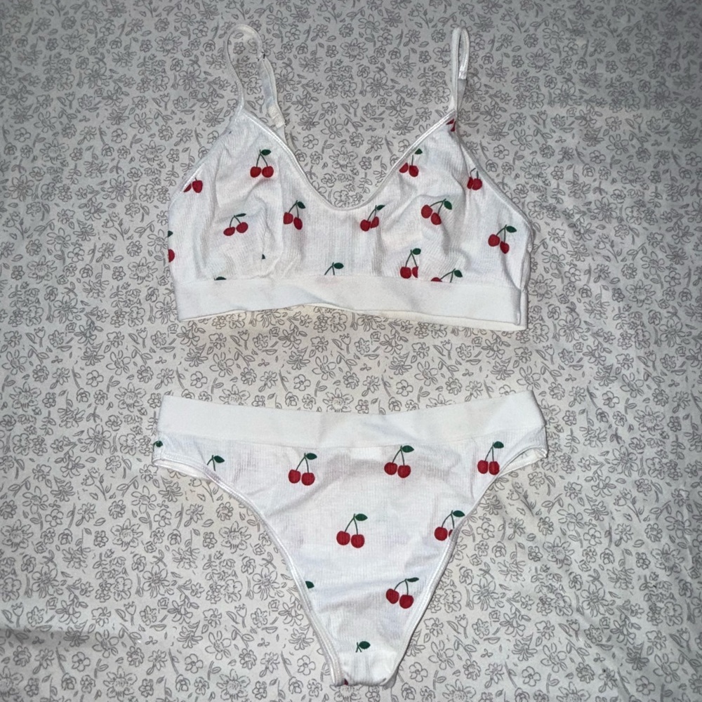 SHEIN White Bra with Cherry Pattern